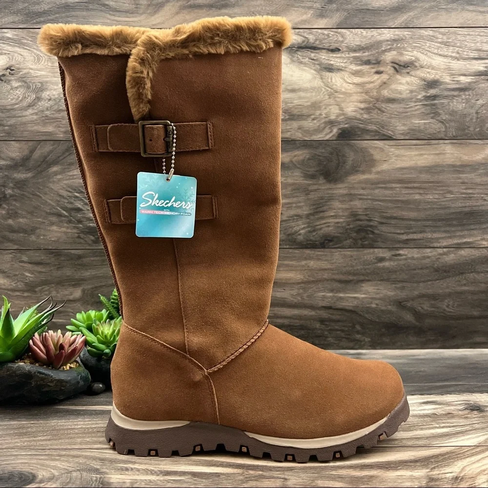 NIB Skechers Grand Jams Snowdrop Mid Calf Winter Boots Chestnut Suede - Picture 5 of 12